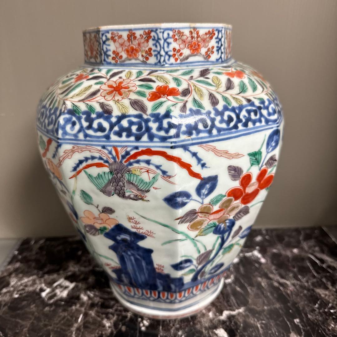 江戸中期、寛政。古伊万里、色絵、面取り大壺、慈照庵、永竹、極。　共箱桐、四方箋。