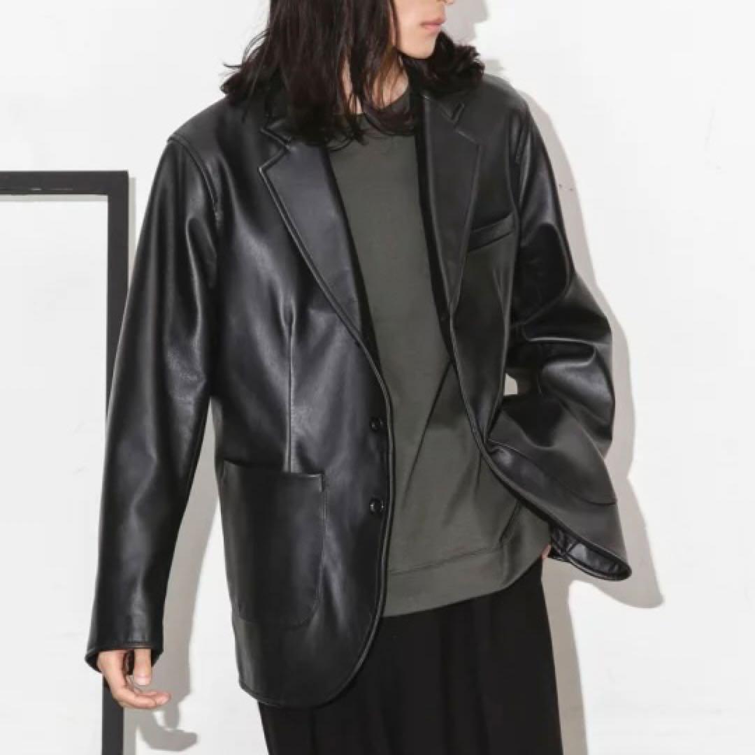 定価3.7万【美品】ルーズフィット3Bレザーテーラードジャケット/羊革/ブラック