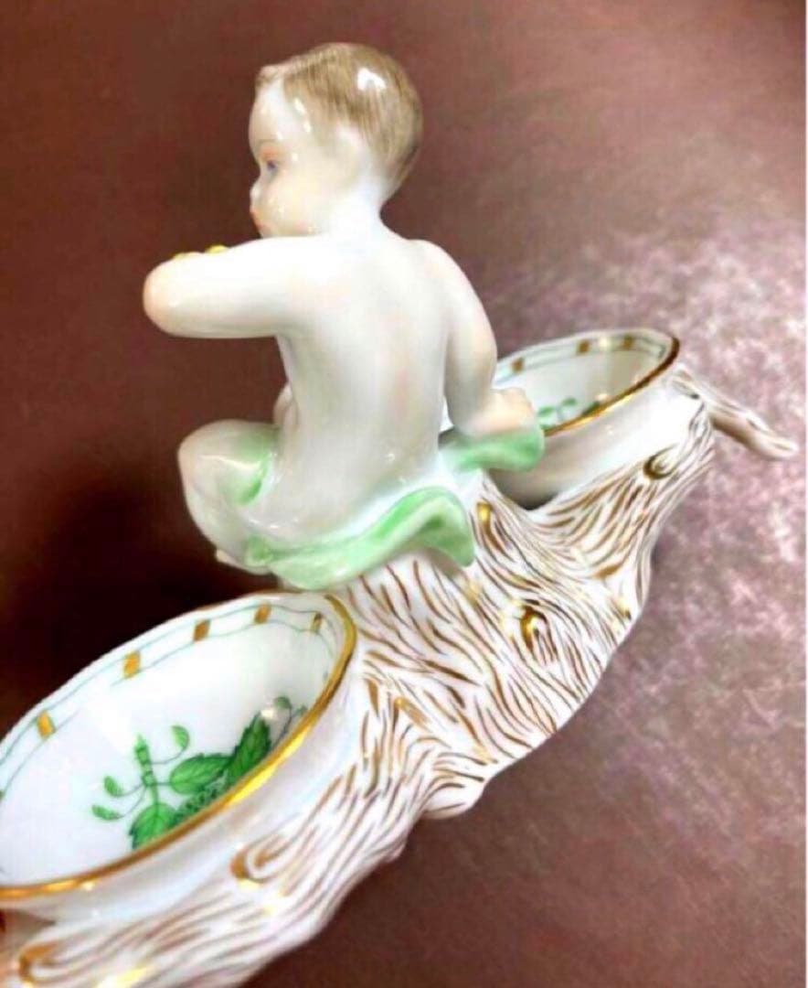 HEREND ヘレンドアポニーグリーンエンジェルセラーソルト＆ペッパー天使皿レア
