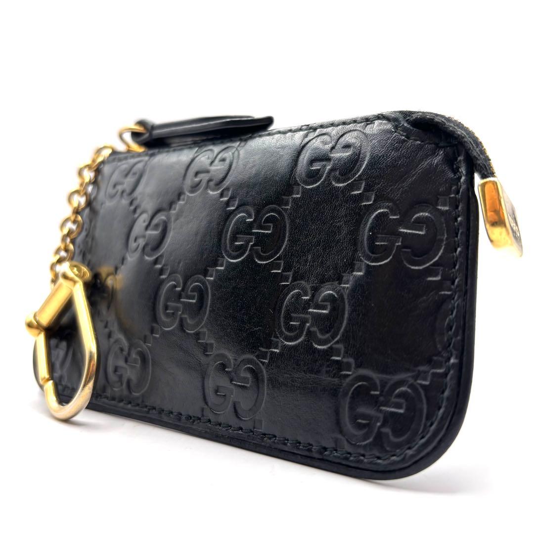 グッチ ケース シマ レザー キーチェーン フック ブラック 小物入れ