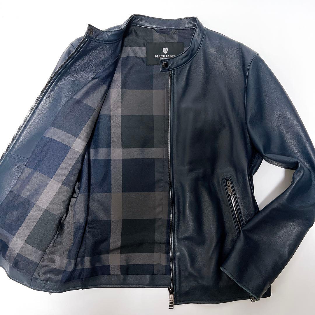 ブラックレーベルクレストブリッジ シングルライダース 羊革 チェック ネイビー