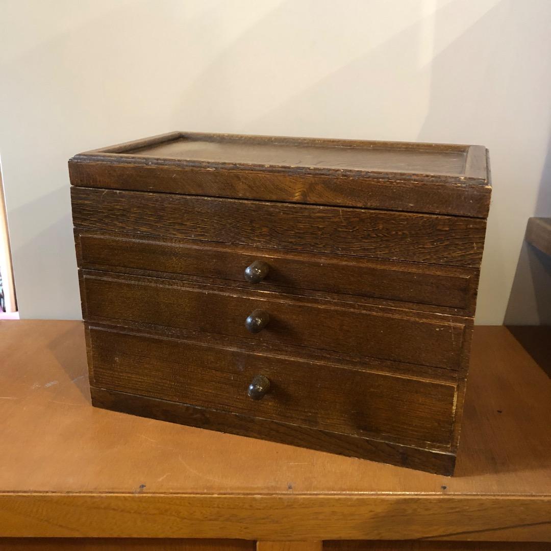 昭和レトロ　木製ジュエリーボックス　3段　鏡付きアクセサリー入れ　小物入れ　木