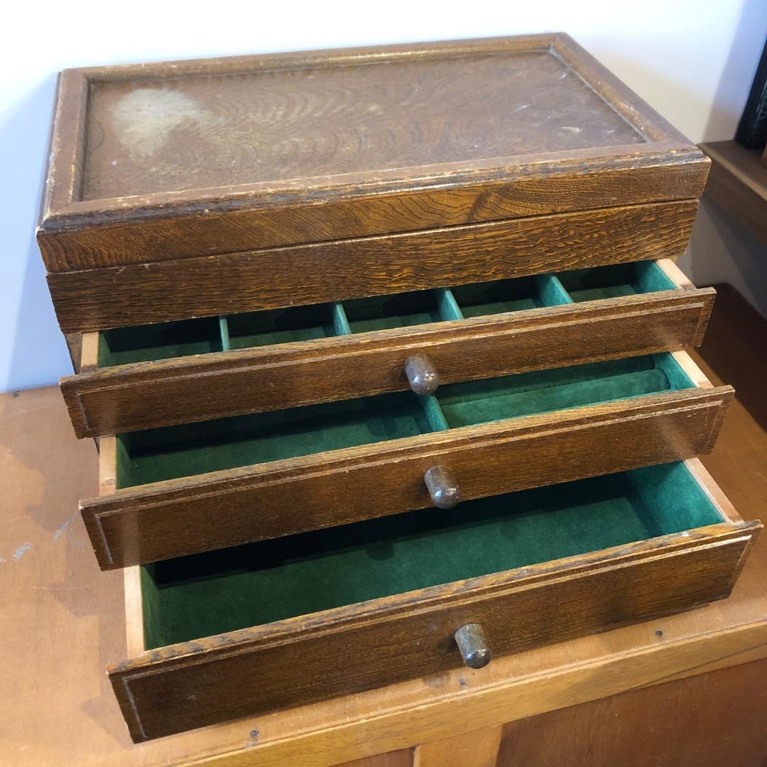 昭和レトロ　木製ジュエリーボックス　3段　鏡付きアクセサリー入れ　小物入れ　木