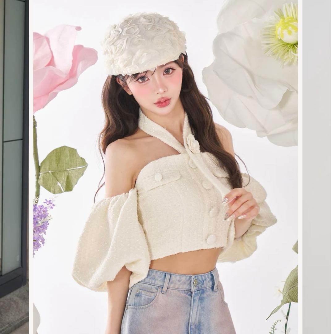 ダーリッチ Darich ホルターネックオフショルツイードトップス WHT