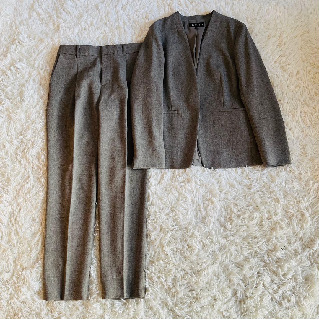 【インディヴィ】セットアップ ウールライク ノーカラージャケット パンツ S/M