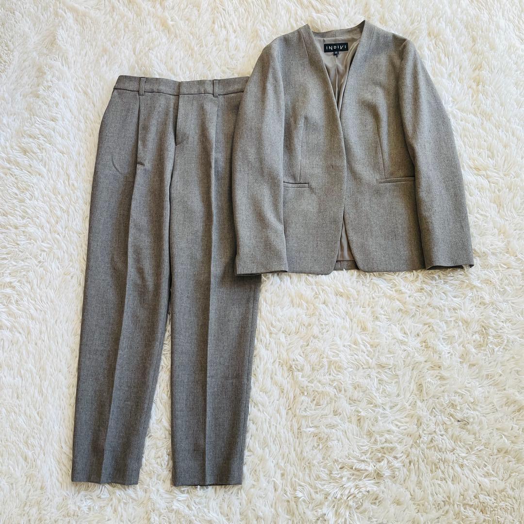 【インディヴィ】セットアップ ウールライク ノーカラージャケット パンツ S/M