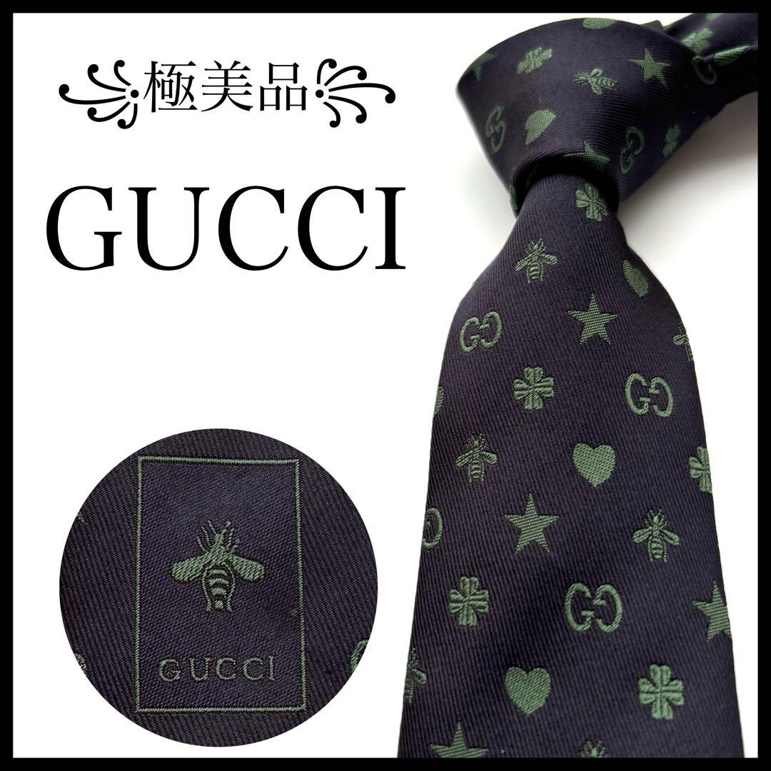 ꧁極美品꧂ グッチ ネクタイ ナロータイ GG柄 星 ハチ ハート ネイビー