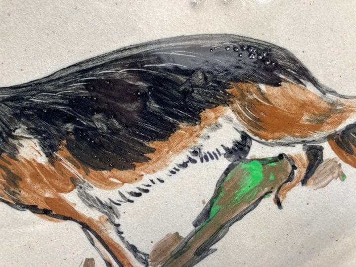 小石原焼　太田熊雄窯　太田孝宏作　黒柴犬　犬　飾り皿　一点