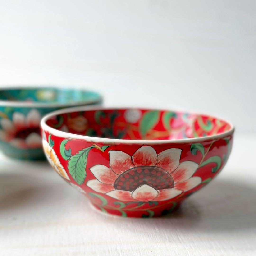 新品 ベトナム バッチャン焼き 蓮柄 丼ボウル3枚
