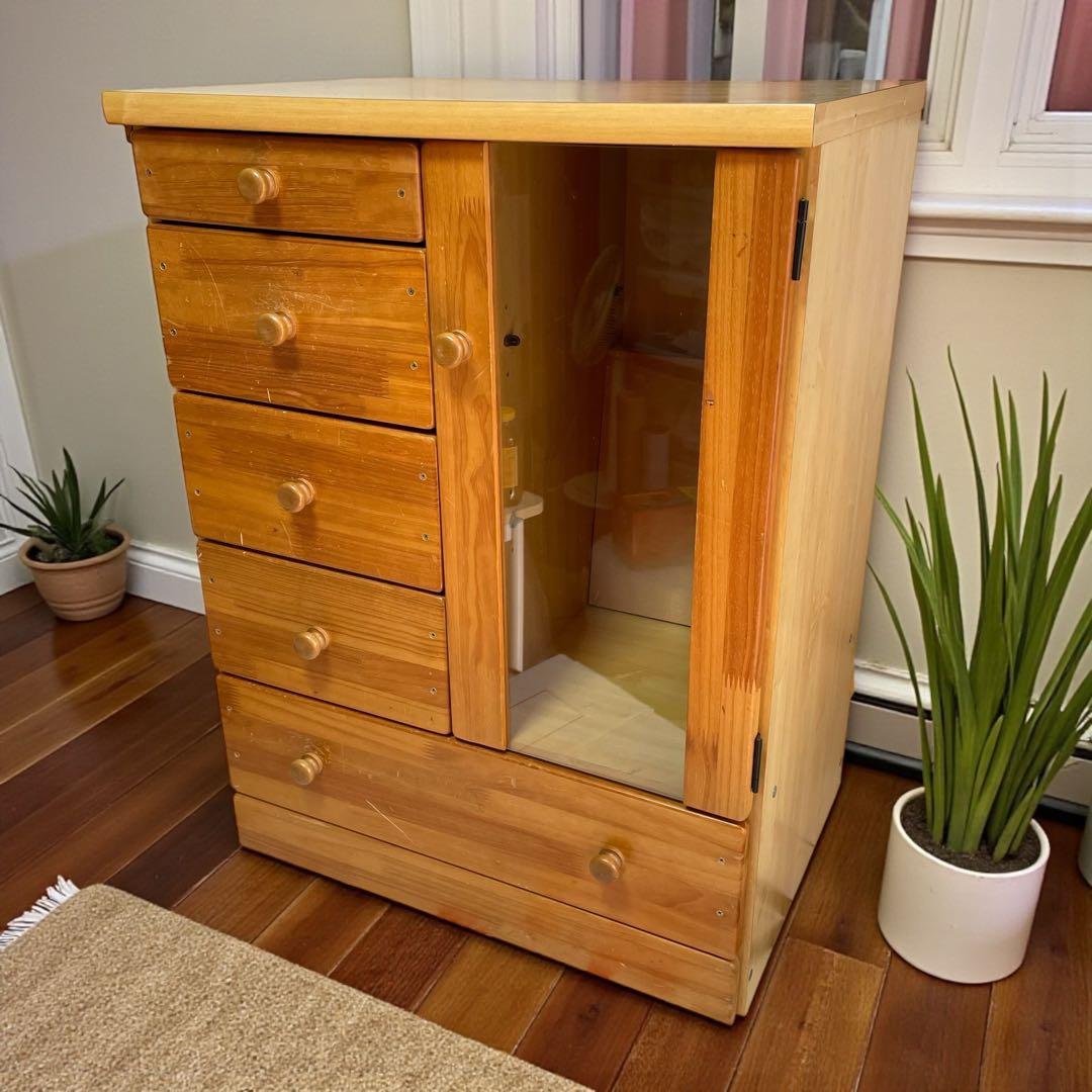 カントリー調　木製電話台　マルチFAXラック/リビングチェスト 　ガラス戸