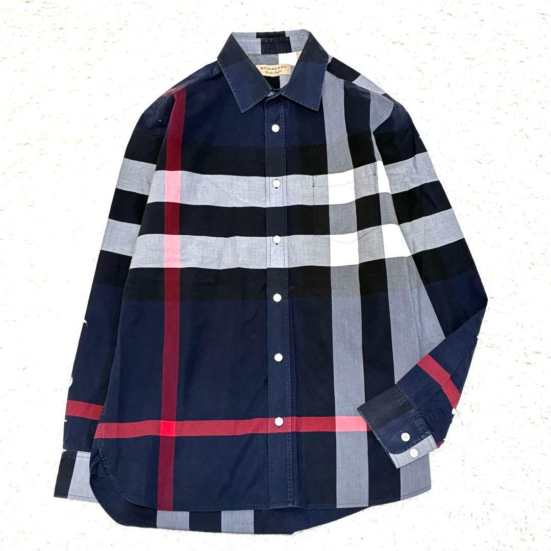 美品 バーバリー 長袖シャツ ノバチェック メガチェック メンズ ネイビー M