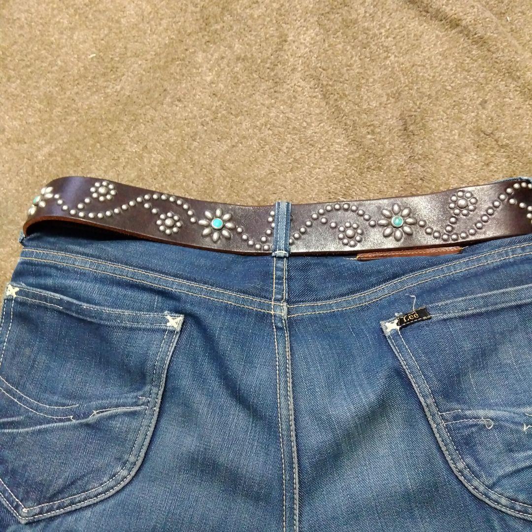 32inch HTC ターコイズ フラワー レザー スタッズベルト ブラウン