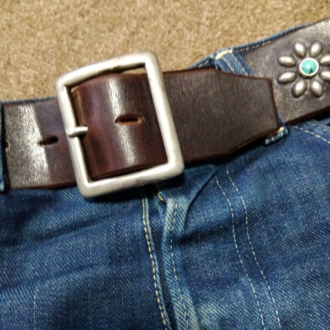 32inch HTC ターコイズ フラワー レザー スタッズベルト ブラウン