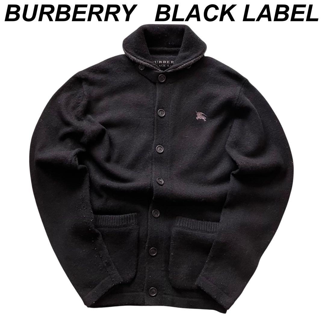 バーバリー ブラックレーベル 刺繍ロゴ チンスト ウールカーディガン 黒 M