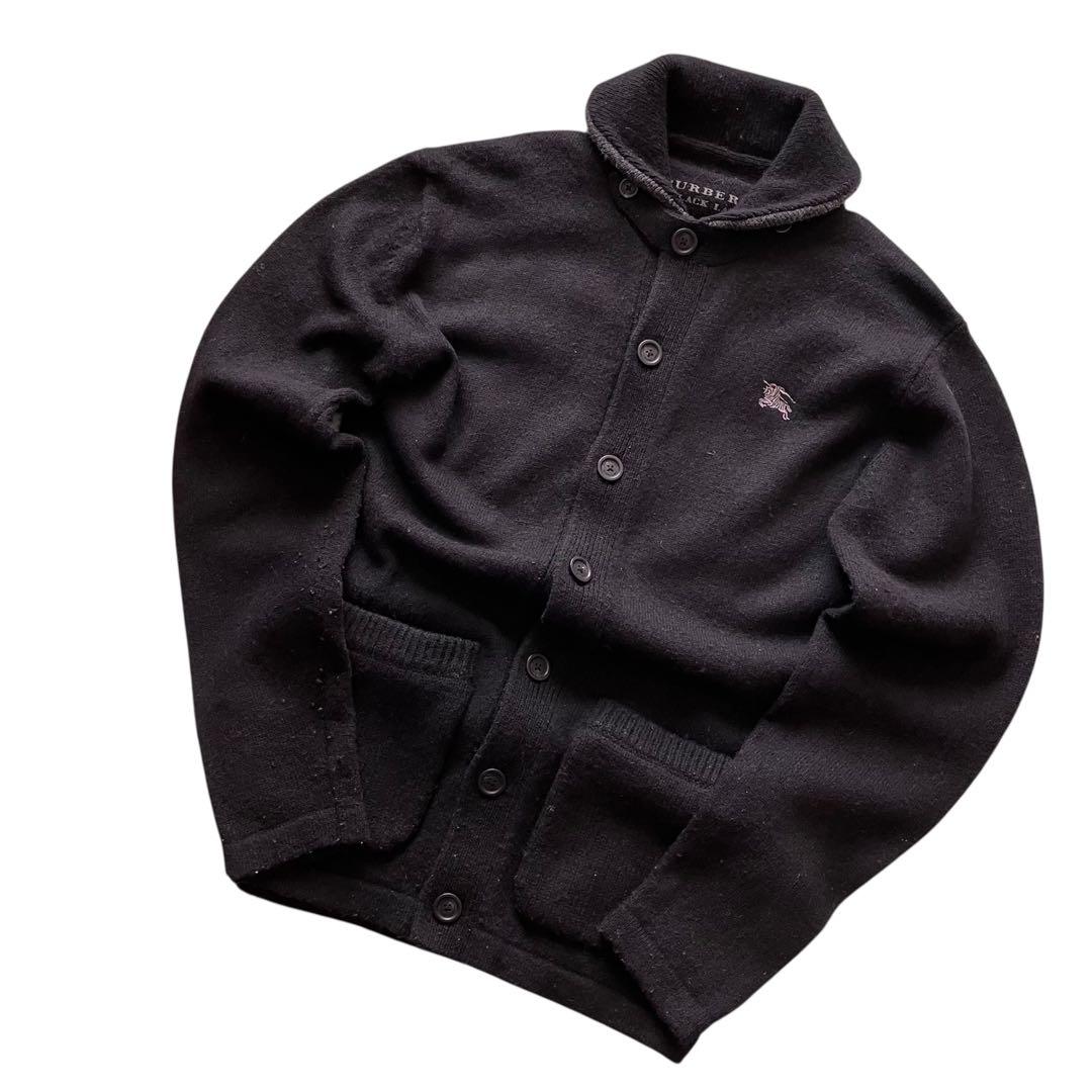 バーバリー ブラックレーベル 刺繍ロゴ チンスト ウールカーディガン 黒 M