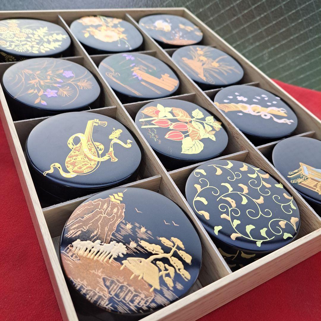 【雪月花の香合セット】合成漆器　切立/ワンタッチ式　蒔絵　未使用品