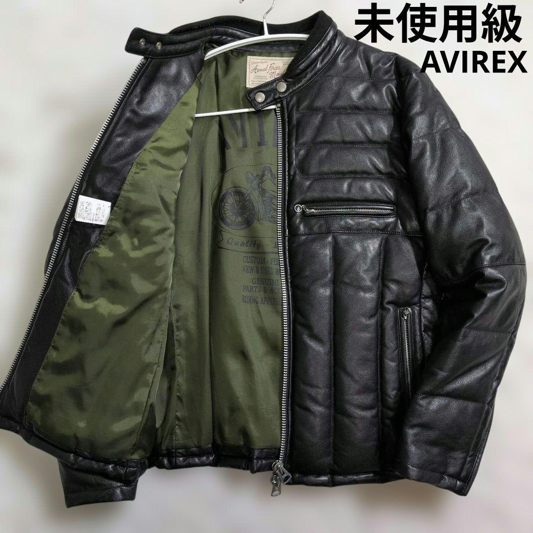 未使用級　AVIREX レザーダウン羊革　グリーンイラスト　黒　ブラック　M