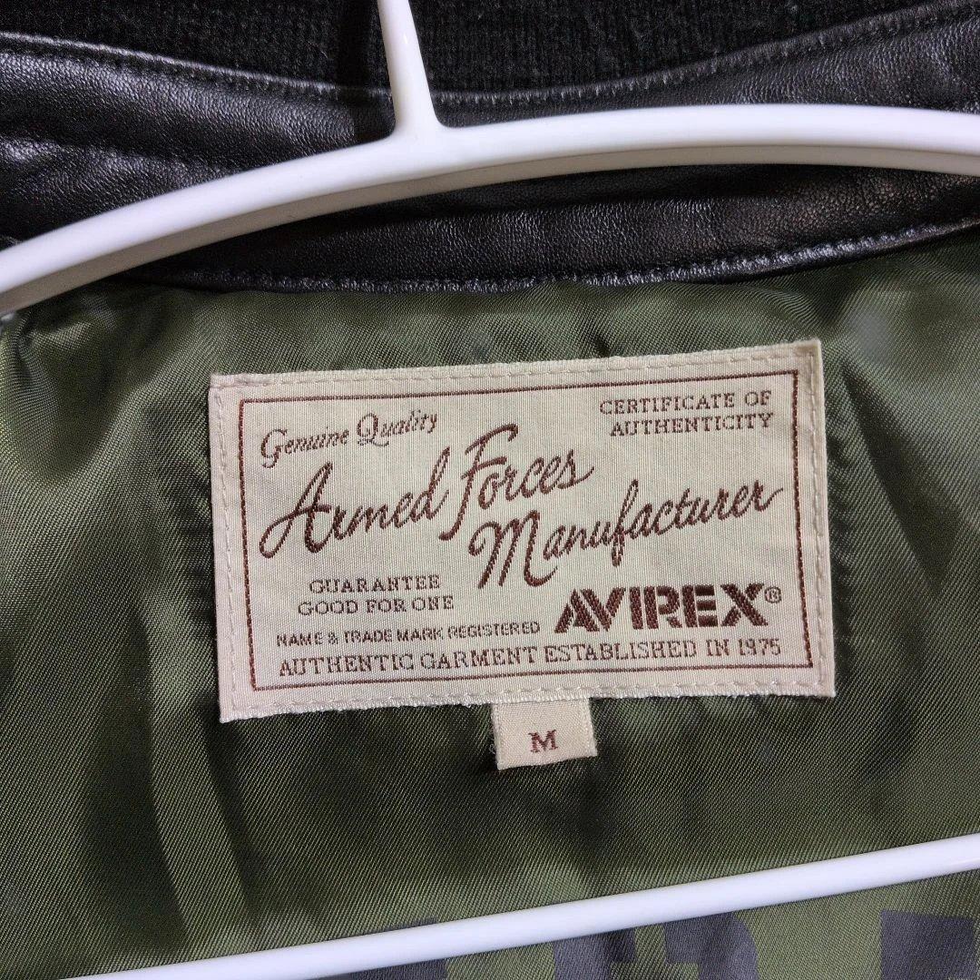 未使用級　AVIREX レザーダウン羊革　グリーンイラスト　黒　ブラック　M