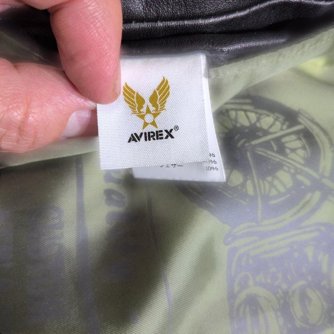 未使用級　AVIREX レザーダウン羊革　グリーンイラスト　黒　ブラック　M