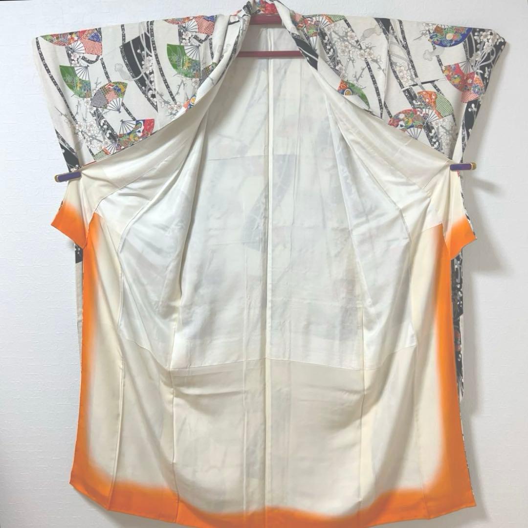 462 振袖フルセット 正絹 白 オフホワイト 小紋 扇面 梅 レトロ カラフル