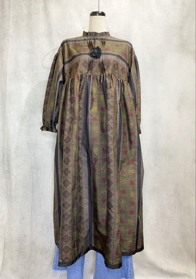 大島紬 フリル襟 ワンピース