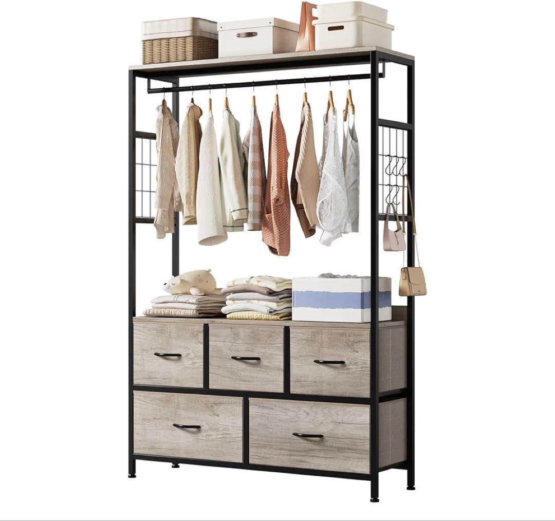 ハンガーラック 引き出し付き　2段5杯 高防水性皮革 収納チェスト　大容量