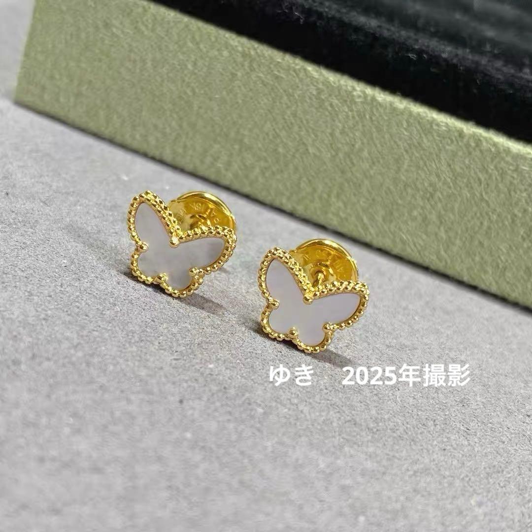 当日発】実写真◎裏印字18k高品質オーダーメイド蝶デザインクローバーピアス白蝶貝