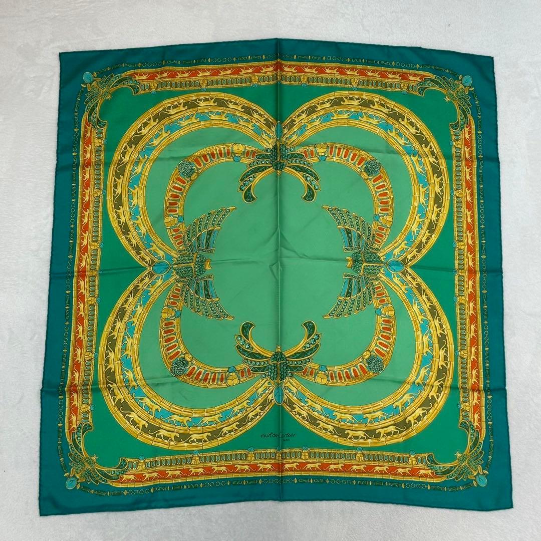 J332 新品未使用 カルティエ シルク100% スカーフ グリーン レディース