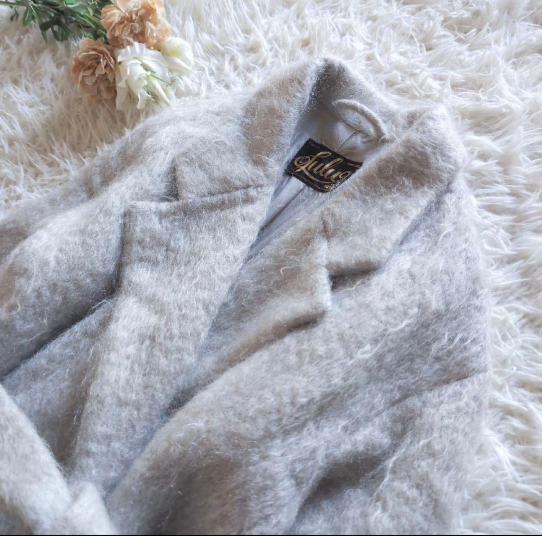 新品同様値引OKウールモヘヤシャギーベルテッドコート Fアイスグレーホワイト