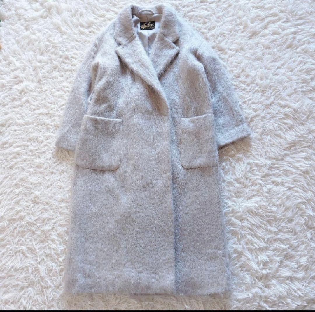 新品同様値引OKウールモヘヤシャギーベルテッドコート Fアイスグレーホワイト