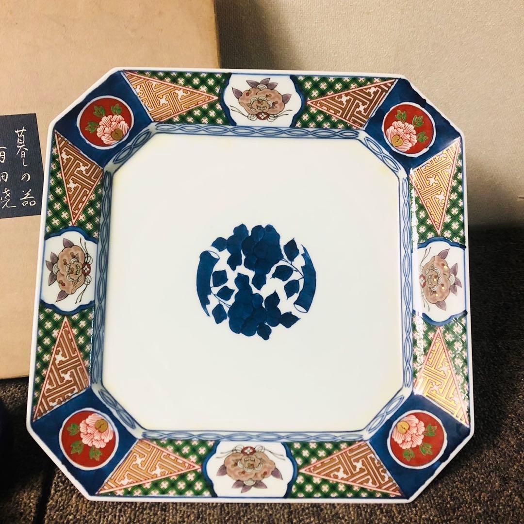 E55骨董品✨有田焼 宗右衛門窯 七宝古伊万里 角皿 湯呑み茶碗セット