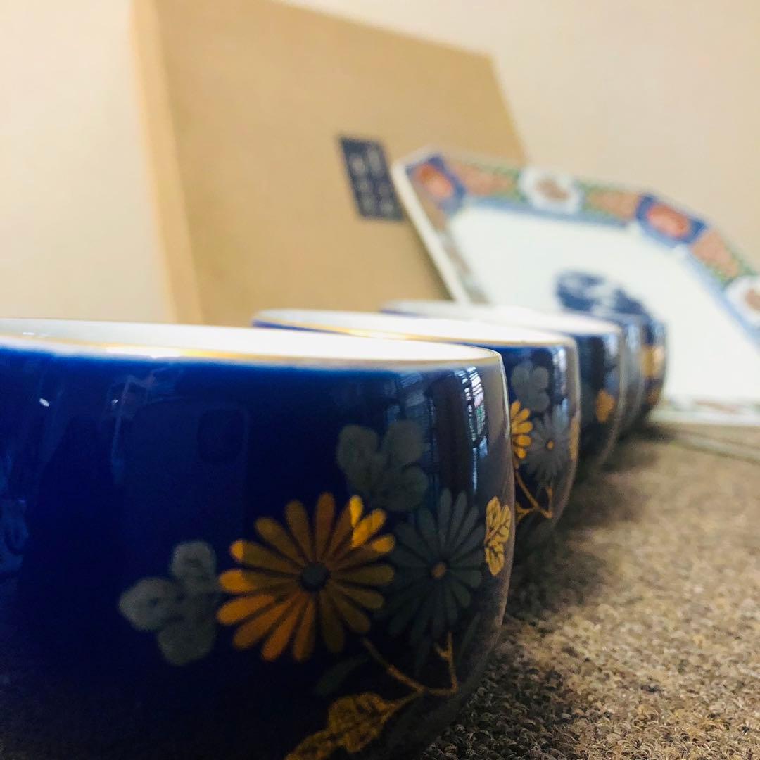 E55骨董品✨有田焼 宗右衛門窯 七宝古伊万里 角皿 湯呑み茶碗セット