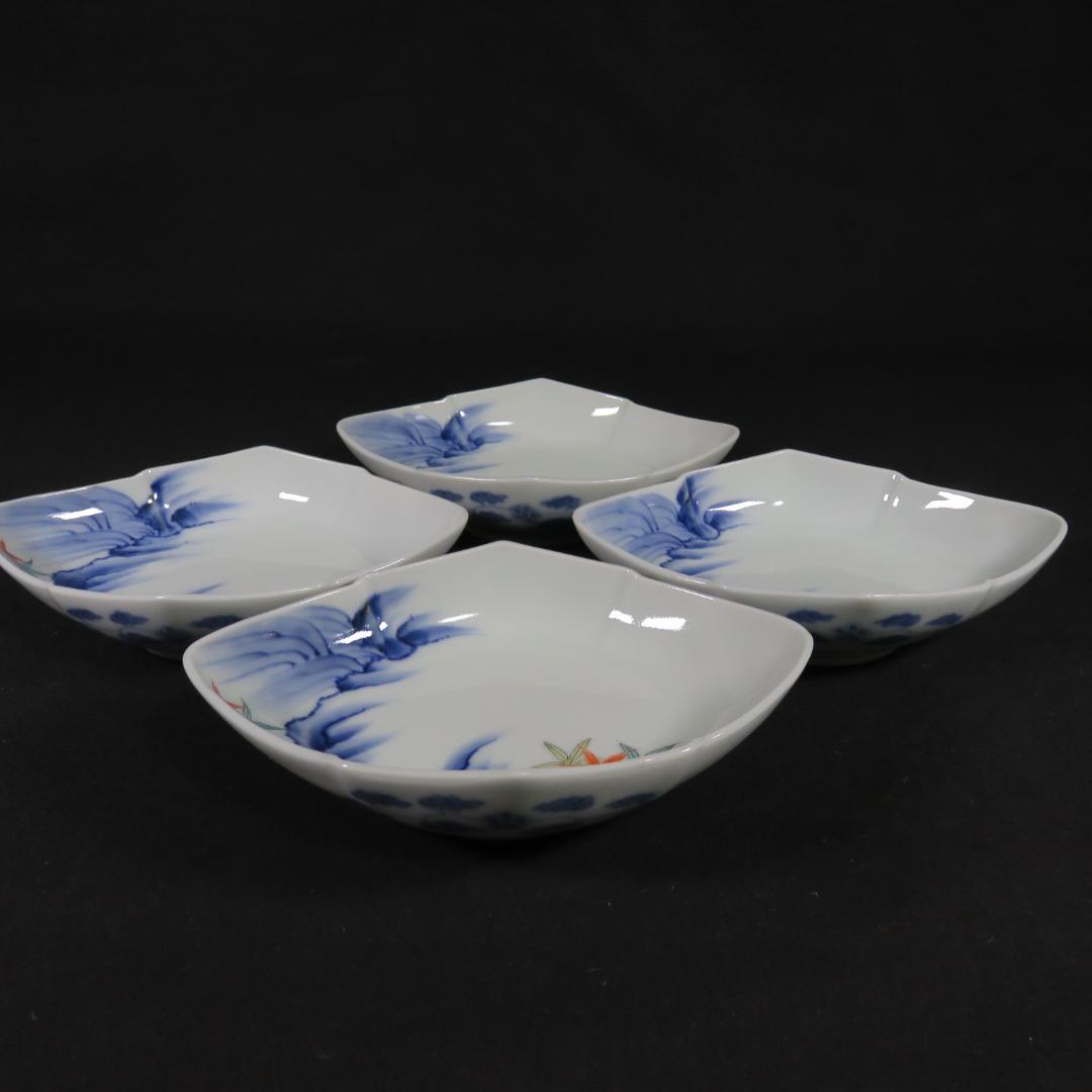 皿 向付 4客 染付 変形 渦福 山水 風景 唐草