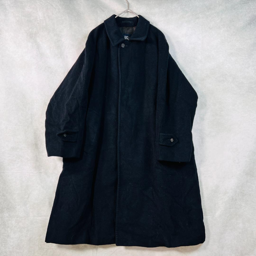 【バーバリーロンドン】ステンカラーコート　黒色　比翼　カシミヤ　裏地総柄　M～L