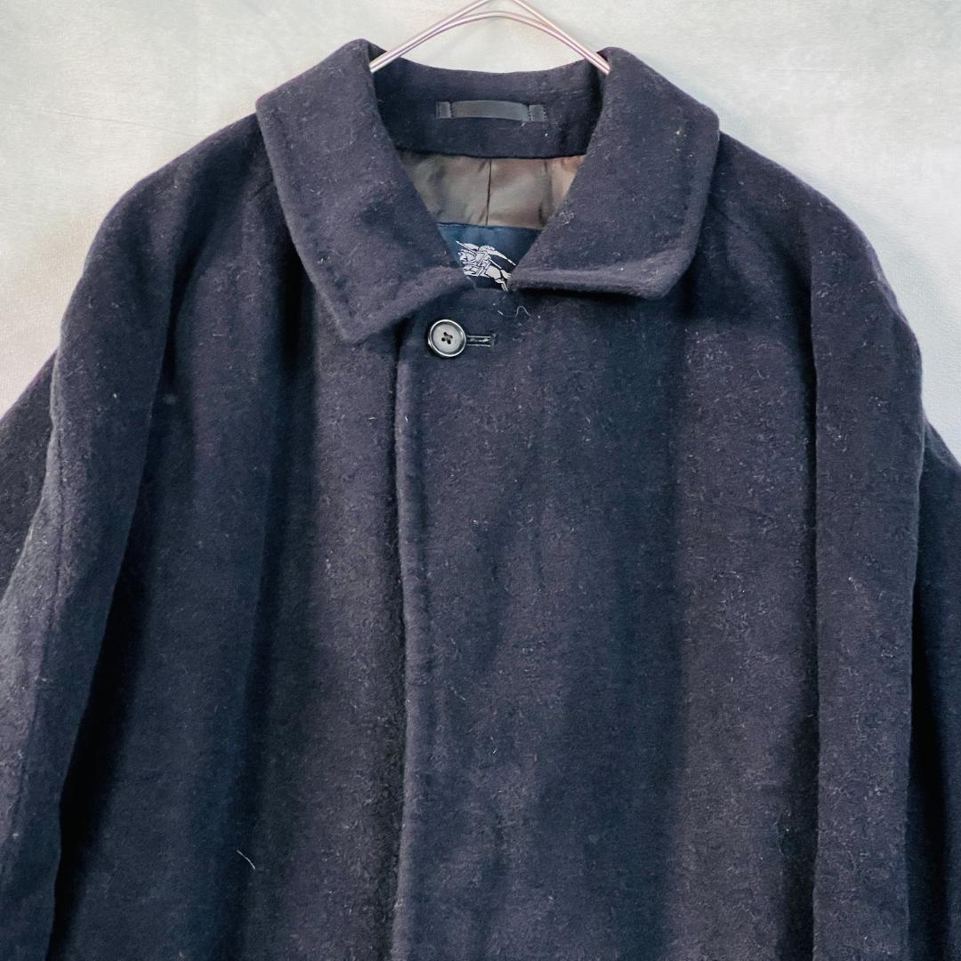 【バーバリーロンドン】ステンカラーコート　黒色　比翼　カシミヤ　裏地総柄　M～L