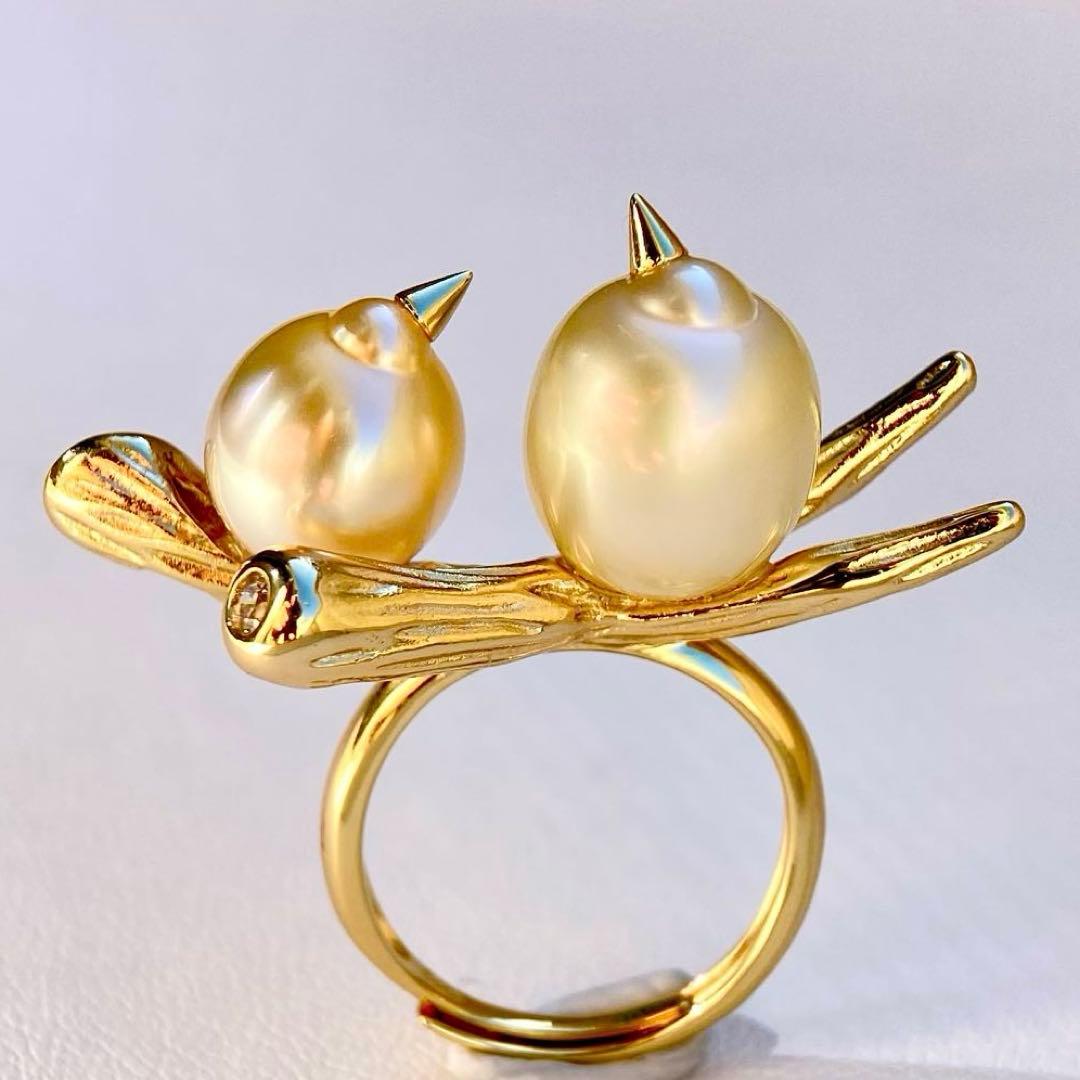 本真珠南洋白蝶真珠シャンパン&ゴールド「鳥と枝 」s925リングY1006