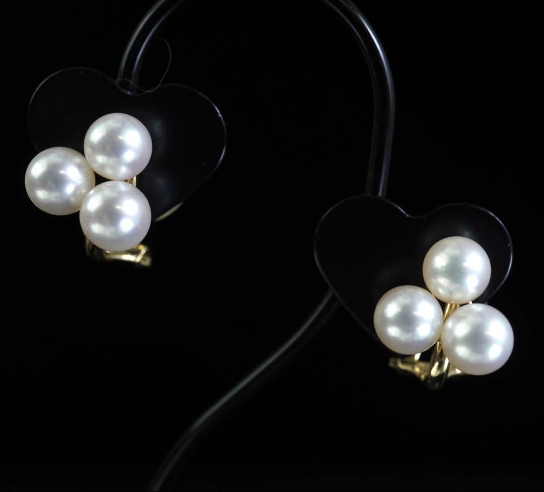 K18 あこや真珠イヤリング約6mm珠トリオデザイン総重量3.74gピアス変更可