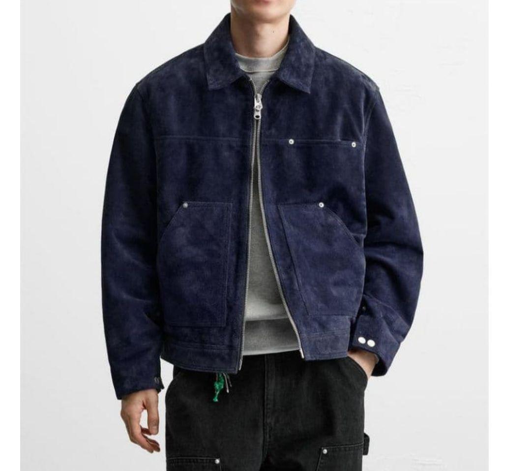 未使用 ZARA 本革 スプリットスエードレザージャケット ネイビーブルー М