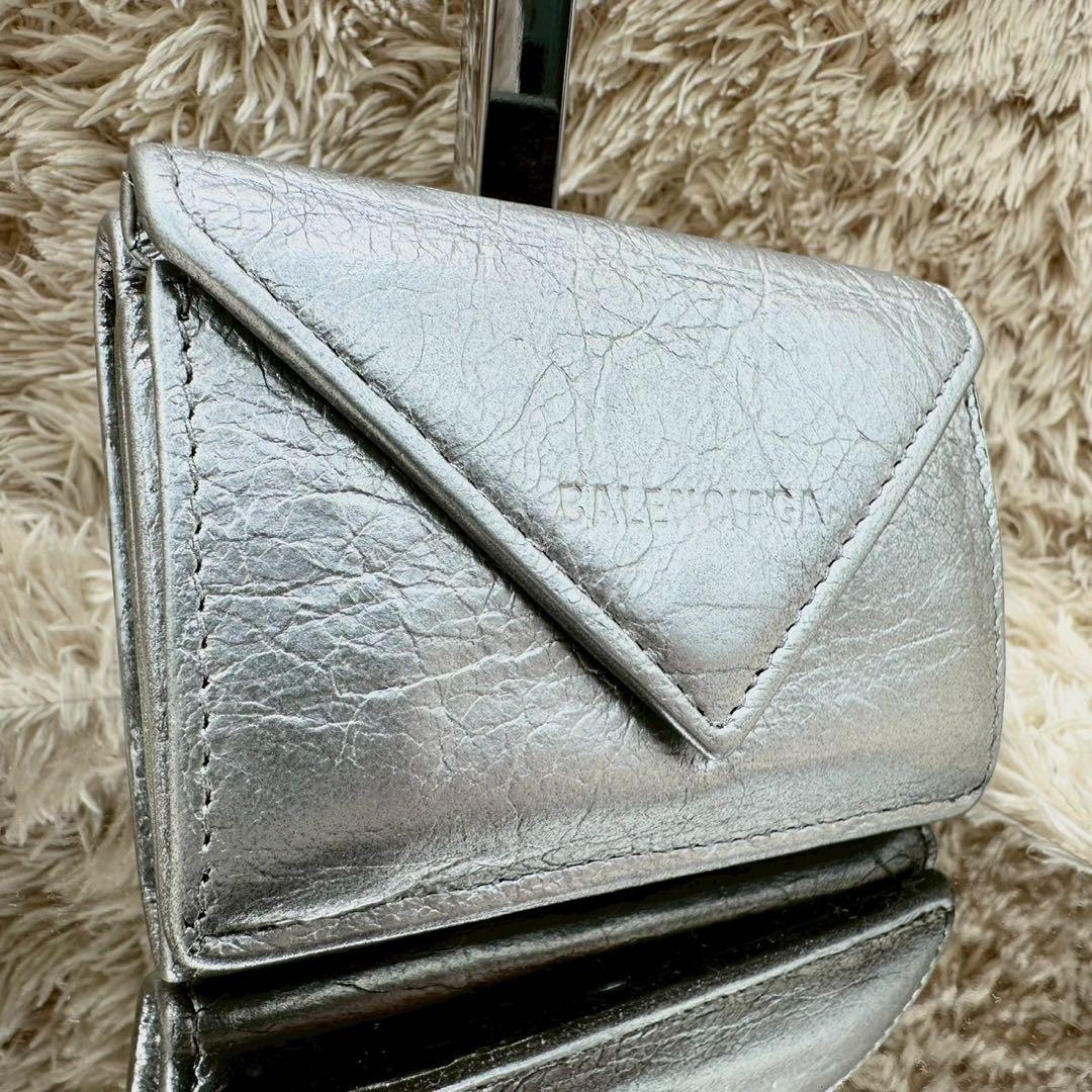 【美品】バレンシアガ 三つ折財布 シルバー ペーパーミニウォレット ユニセックス