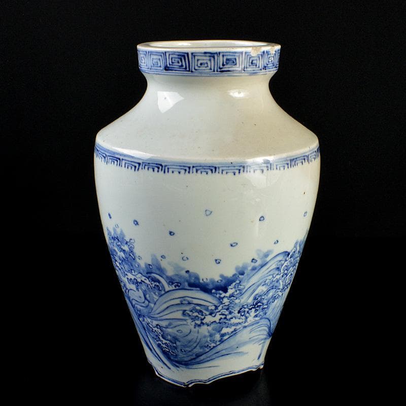 瀬戸焼　古瀬戸染付　巌手製　荒波文　花瓶　M　R7275F