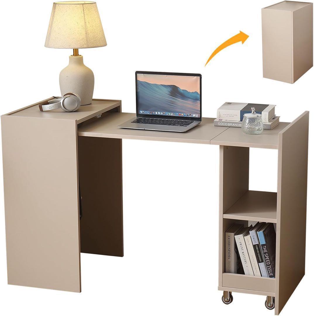 折りたたみデスク 多機能机 pcデスク 収納棚付きテーブル 伸縮式パソコンデスク