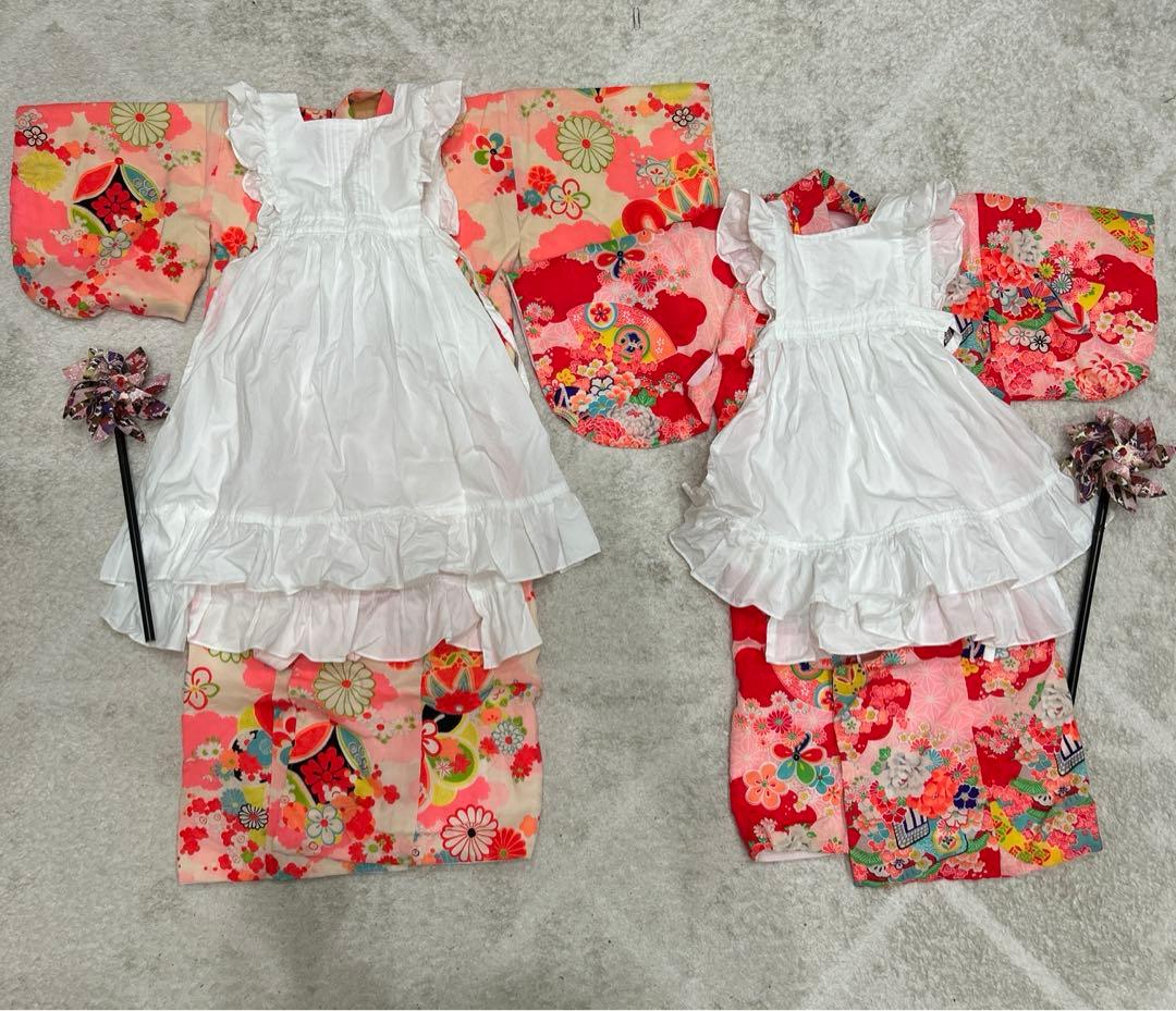 【りあ♡】アンティーク　着物　被布エプロン　友禅染風車　浴衣　帯　セット