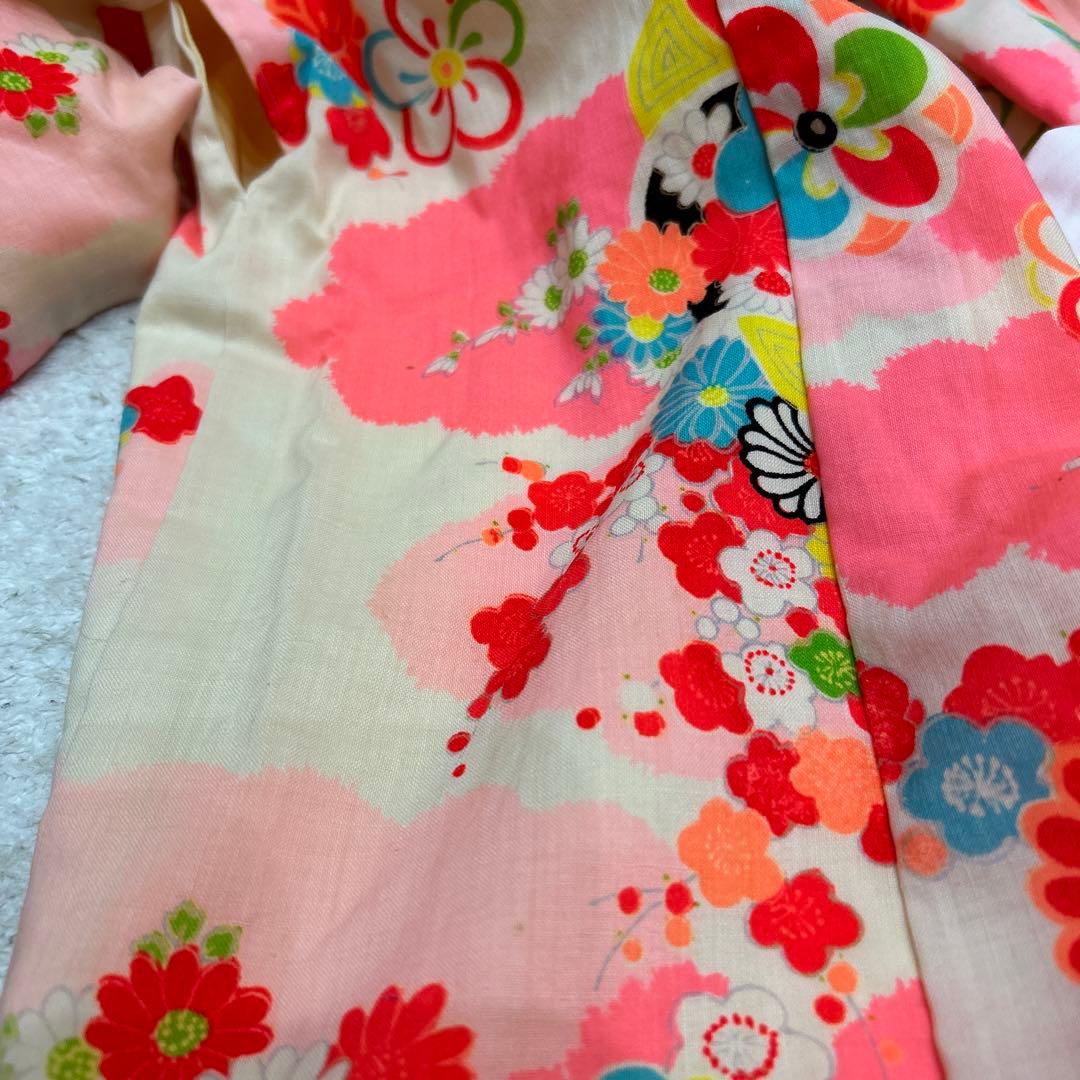 【りあ♡】アンティーク　着物　被布エプロン　友禅染風車　浴衣　帯　セット