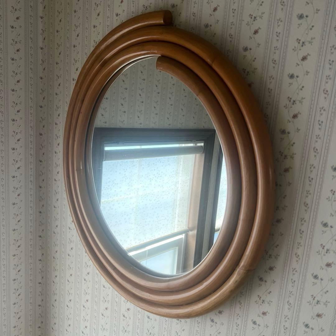 ラタン　籐家具　ウォールミラー 壁掛け鏡丸型　オールドラタン　ヴィンテージ
