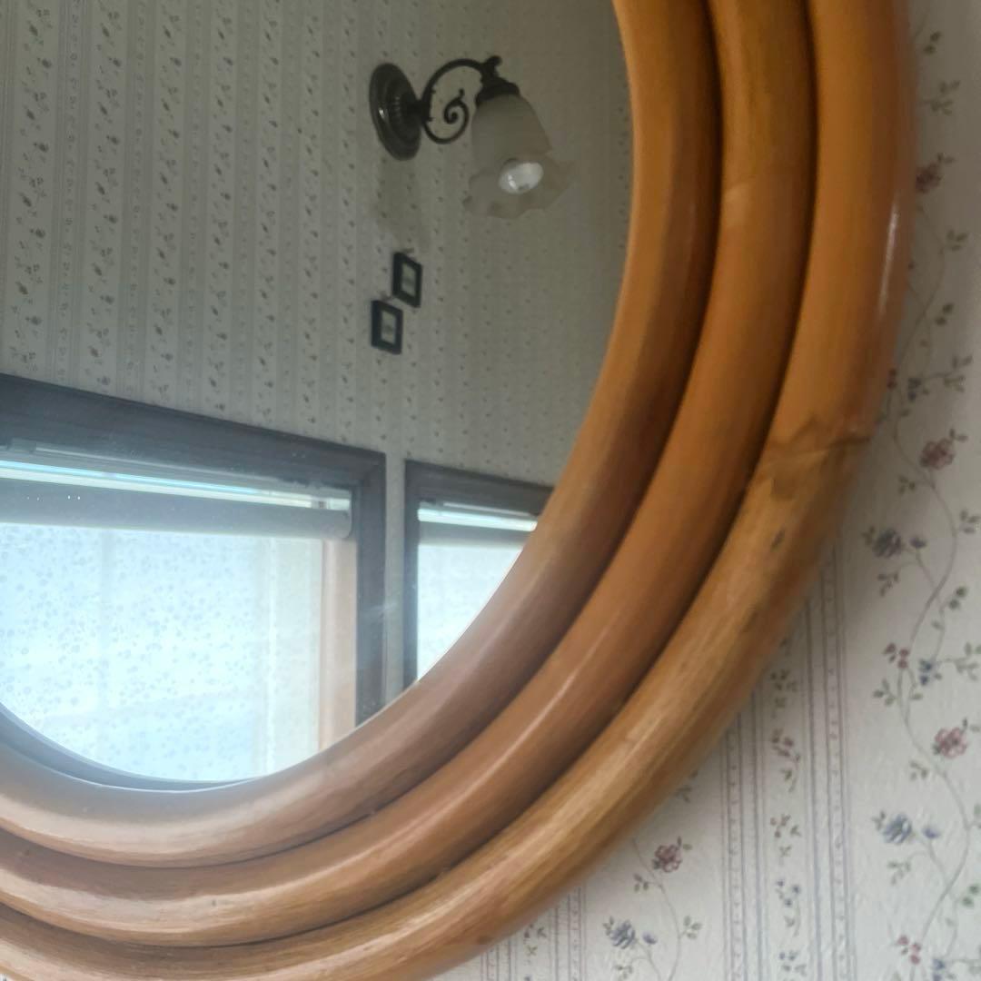 ラタン　籐家具　ウォールミラー 壁掛け鏡丸型　オールドラタン　ヴィンテージ