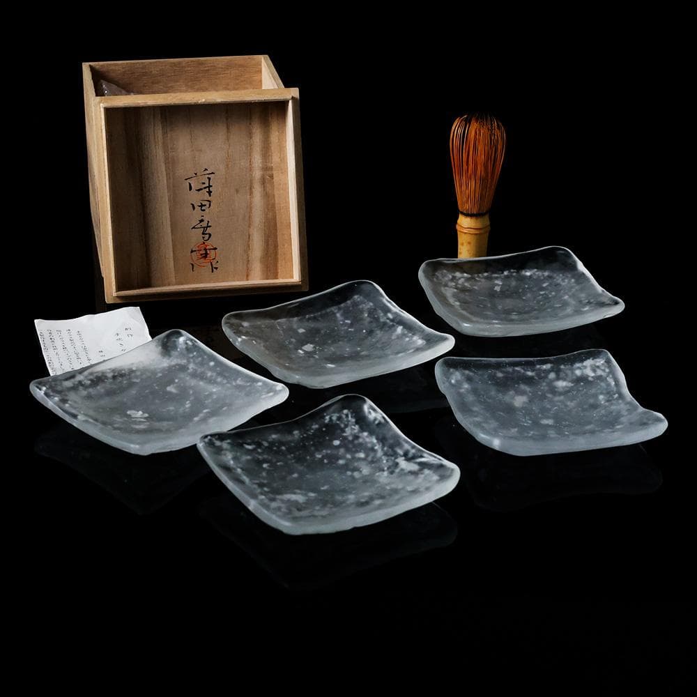 T 人間国宝　藤田喬平作　創作　手吹きガラス　四方皿　銀粉　伝統工芸　五客