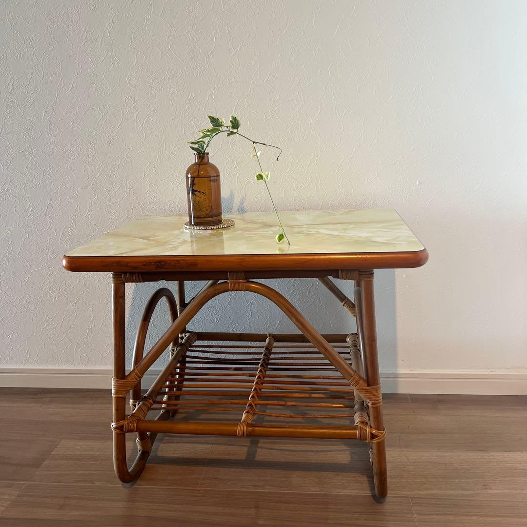 古家具◾️木製天板×籐ラタンフレーム カフェテーブル コーヒーテーブル 籐家具
