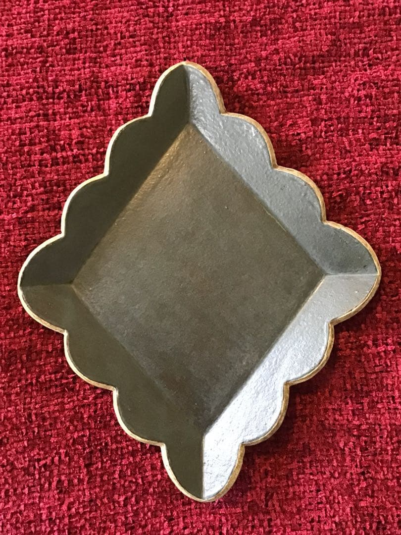 ★作家もの器★金井ゆみ★フリル菱形プレート★グリーン×イエロー★取り皿中皿