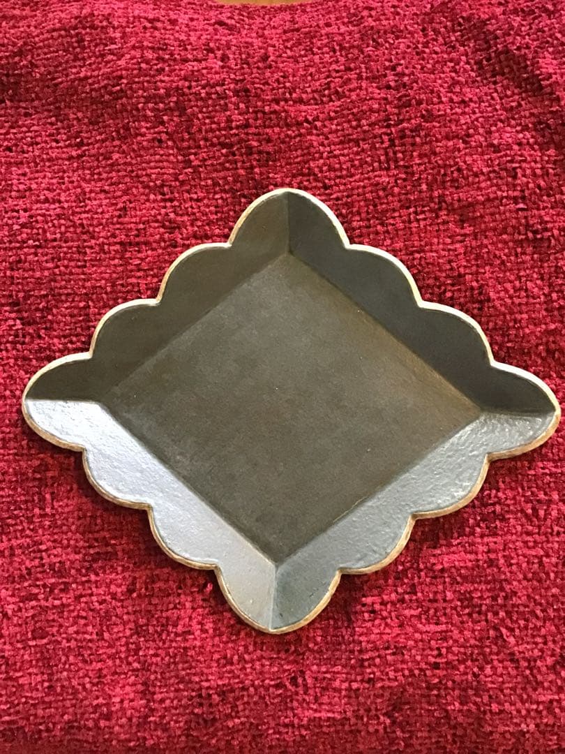 ★作家もの器★金井ゆみ★フリル菱形プレート★グリーン×イエロー★取り皿中皿