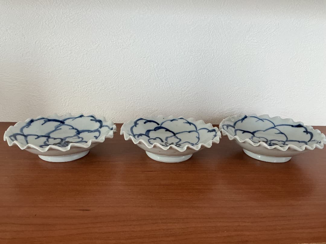 【新品】中尾万作 染付花紋輪花小皿 　3枚セット